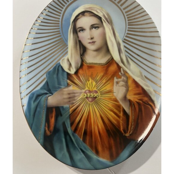 Sacred Heart of Mary Oval Decorative Plate Gold Trim Tray 6.5" x 8.5" Vintage - Picture 5 of 7